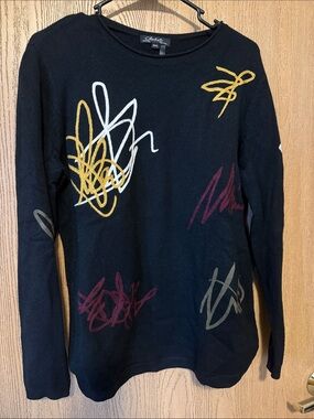 CHARLIE B Black Crewneck Sweater with Multicolor Scribble Accents